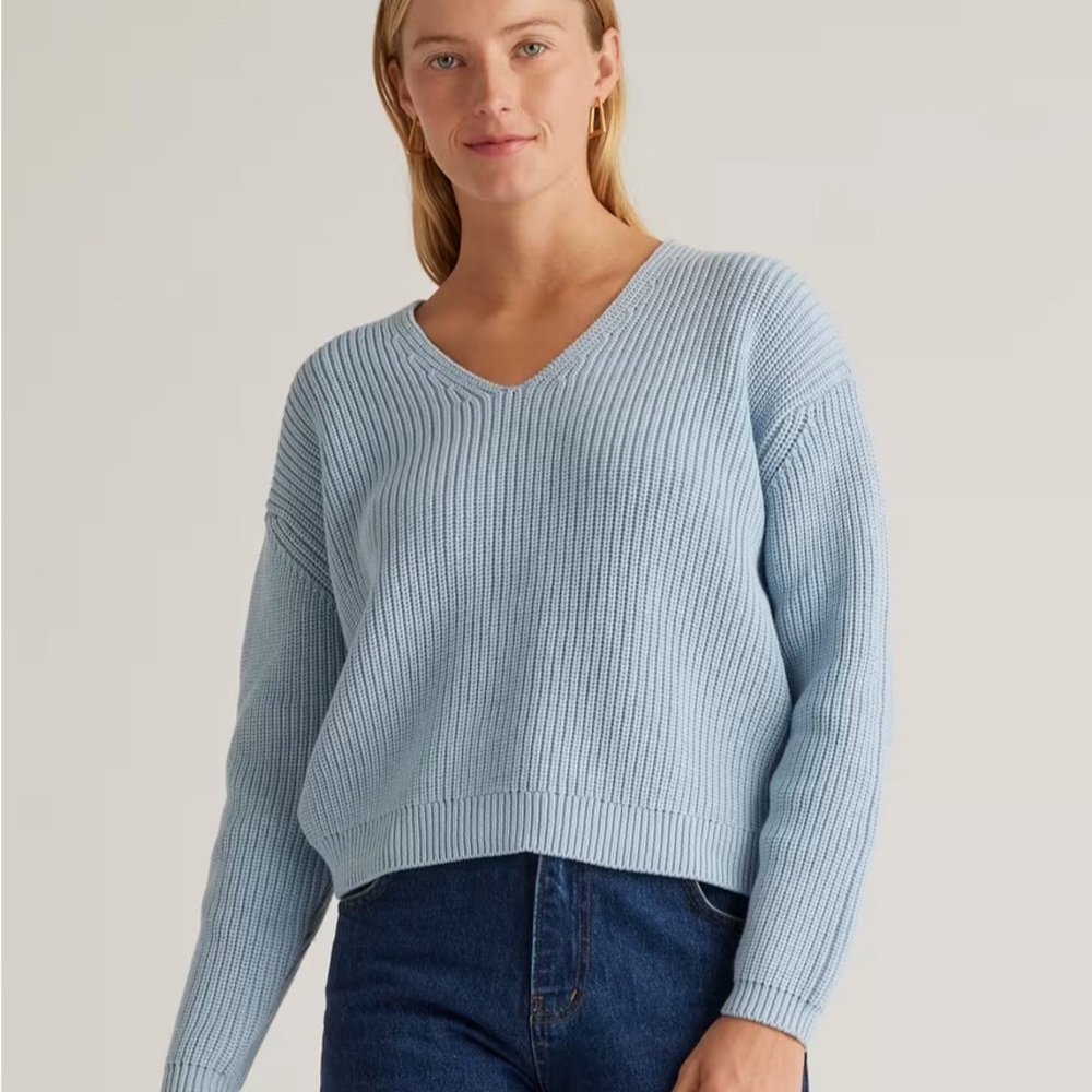 Quince V-Neck Cotton Fisherman Sweater - Sky Blue